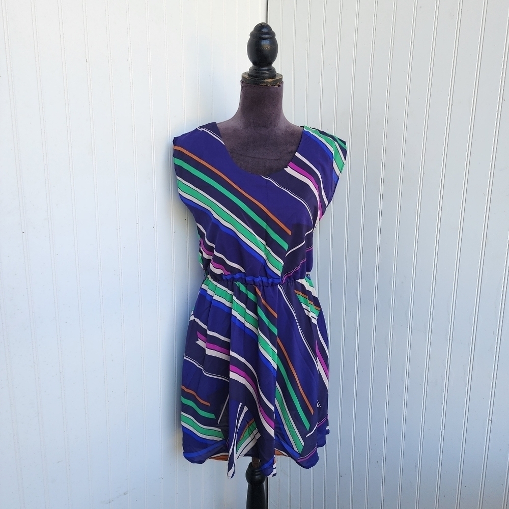 American Rag Cie Fit Flare Dress Womens Purple Green Colorful Striped Keyhole XS